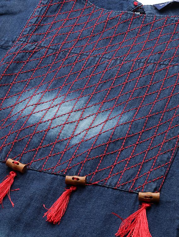 navy blue denim flared ethnic dress - 17666099 - Standard Image - 4