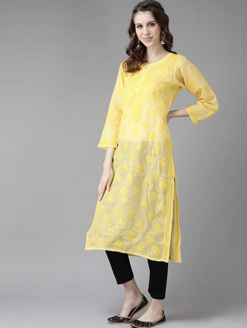 ada hand-embroidered yellow chikankari kurta pant set - 17695924 - Very Small Image - 1