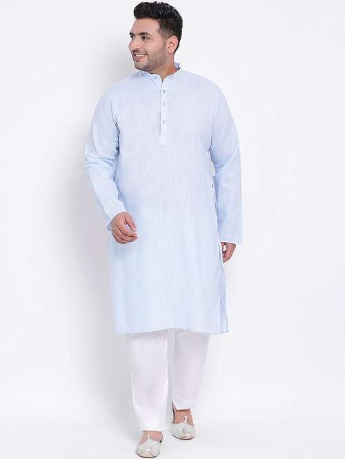 plus size blue solid linen kurta pyjama set - 17718889 - Very Small Image - 1