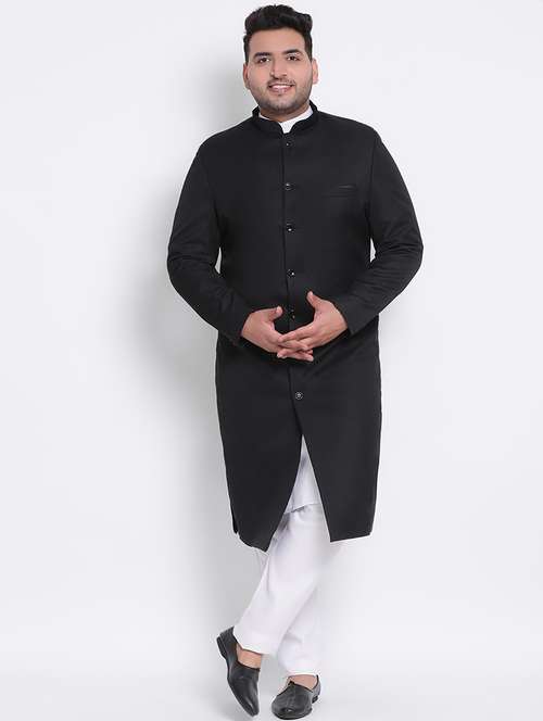 plus size black solid sherwani set - 17733766 - Very Small Image - 1