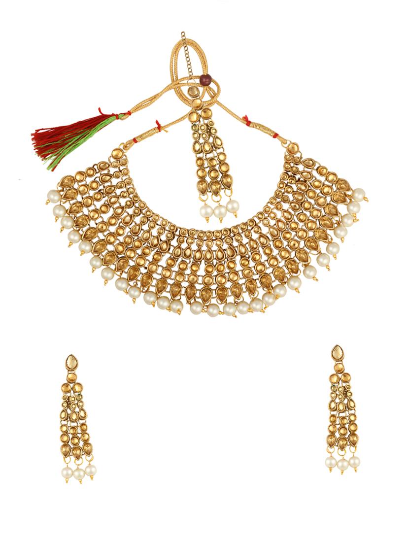 gold brass choker necklaces with earring and maangtikka - 17736481 - Zoom Image - 2