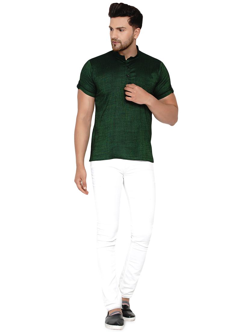 bottle-green solid short kurta - 17779422 - Standard Image - 3