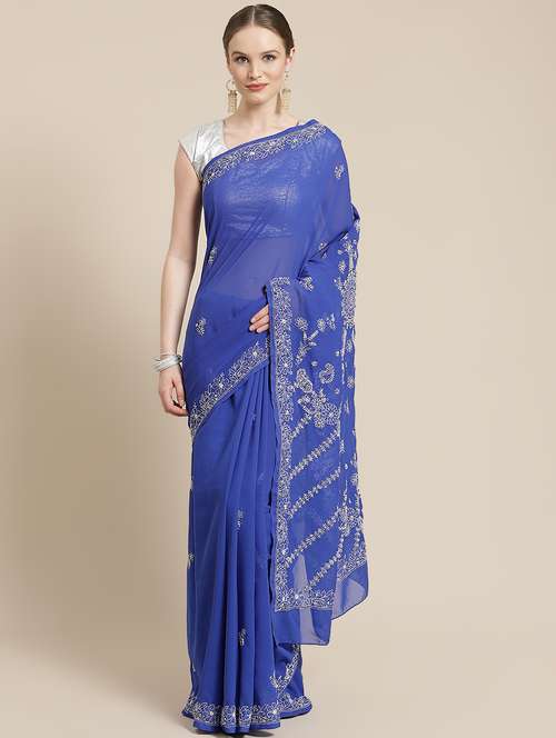 ada hand-embroidered blue chikankari saree with blouse - 17783760 - Very Small Image - 1