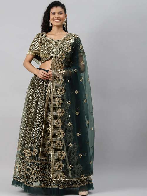 bottle green net flared lehenga - 17805990 - Very Small Image - 1
