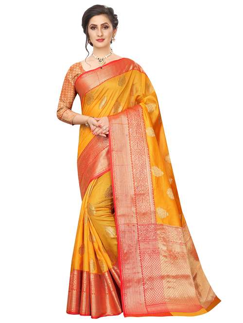 Women's Self Design Yellow Colored Saree With Blouse - 17847614 - Very Small Image - 1