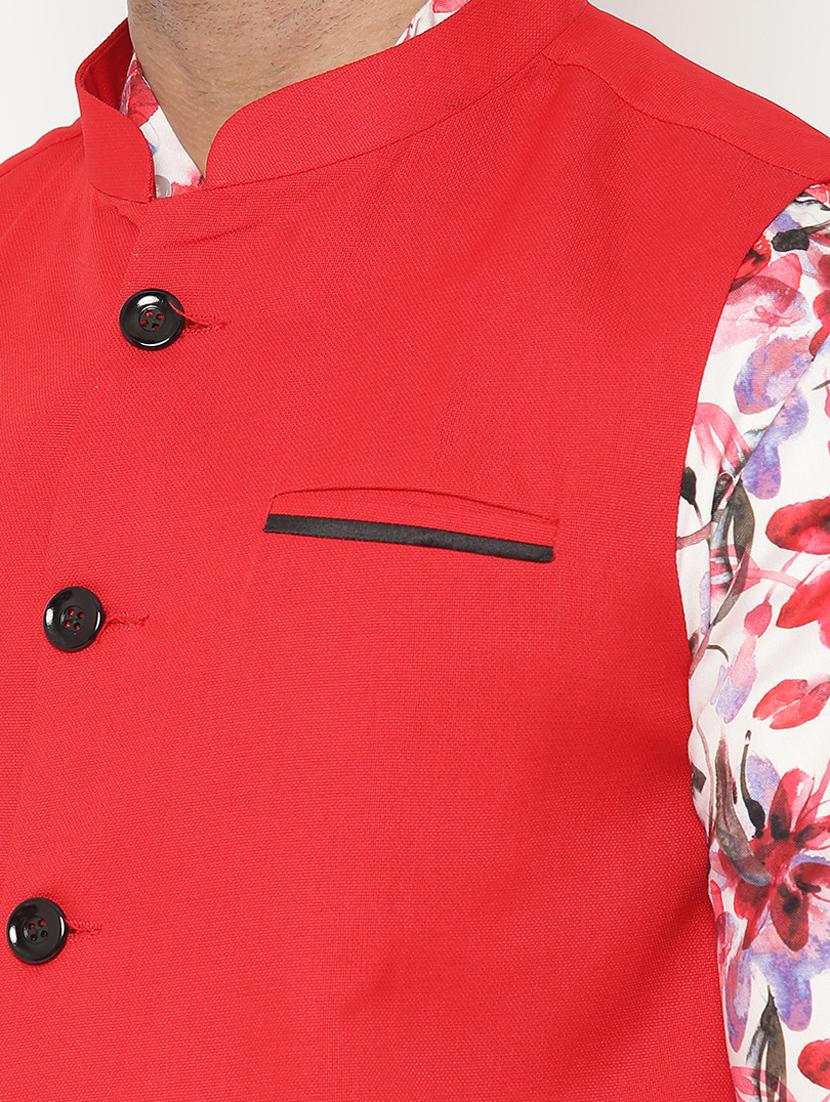 white floral kurta pyjama set with red nehru jacket - 17855836 - Standard Image - 5