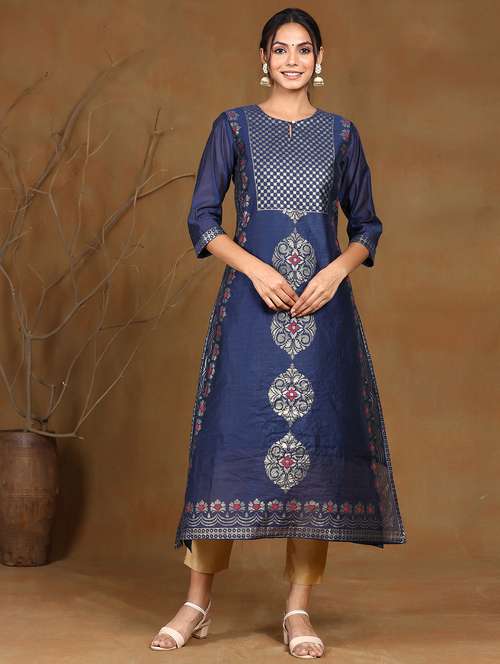 foil print chanderi a-line kurta - 17948114 - Very Small Image - 1