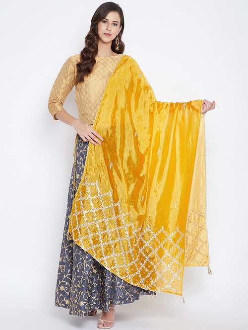 yellow self designed embroidered gota work dupatta - 17965573 - Very Small Image - 1
