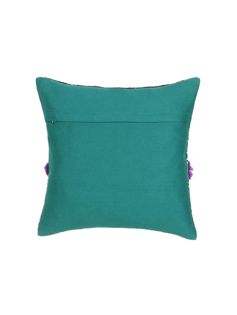 mezposh tribal green & multi acrylic jacquard pompom cushion cover (16"x16") - 17977777 - Standard Image - 2