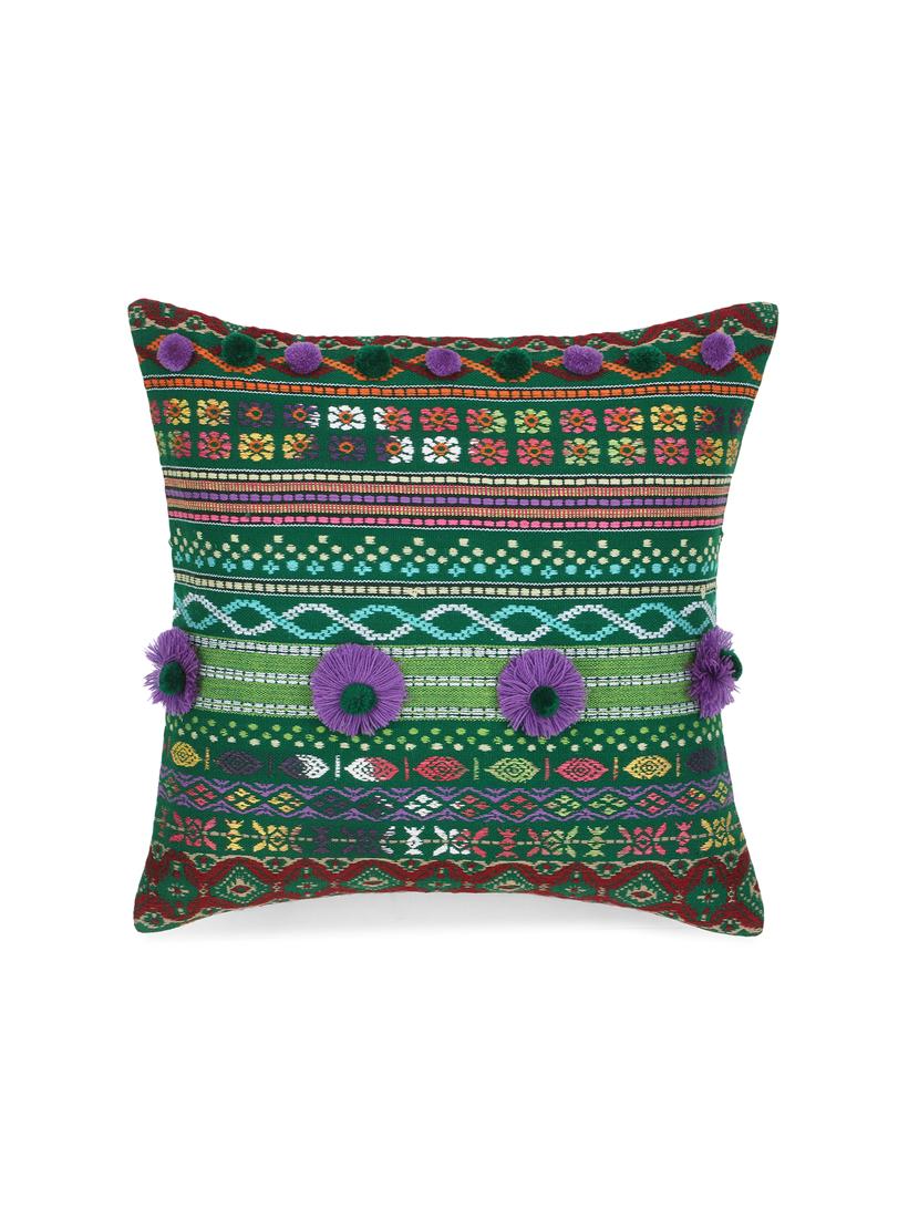 mezposh tribal green & multi acrylic jacquard pompom cushion cover (16"x16") - 17977777 - Standard Image - 3