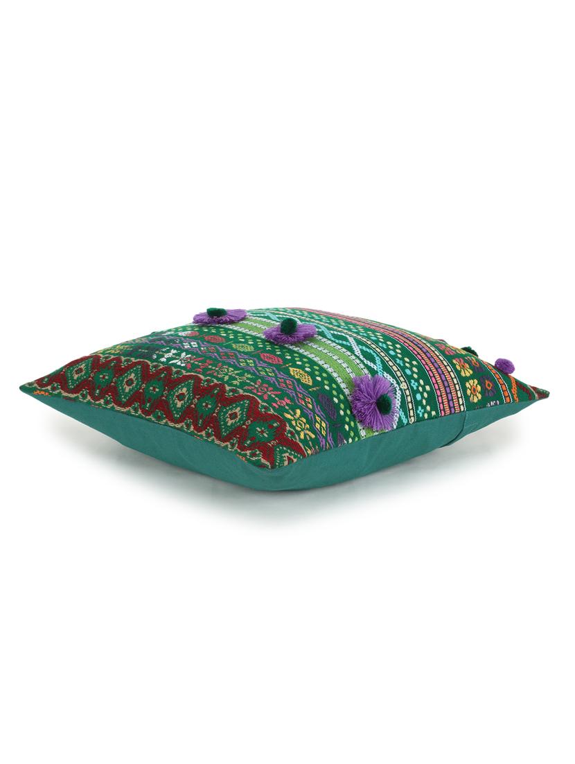 mezposh tribal green & multi acrylic jacquard pompom cushion cover (16"x16") - 17977777 - Zoom Image - 4