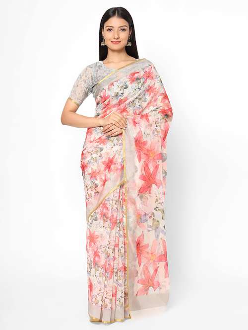 floral printed saree with blouse - 17979158 - Very Small Image - 1