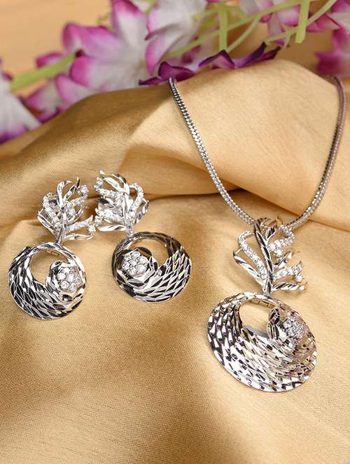 white rhodium plated studded round pendant earrings set with chain - 18002734 - Very Small Image - 1