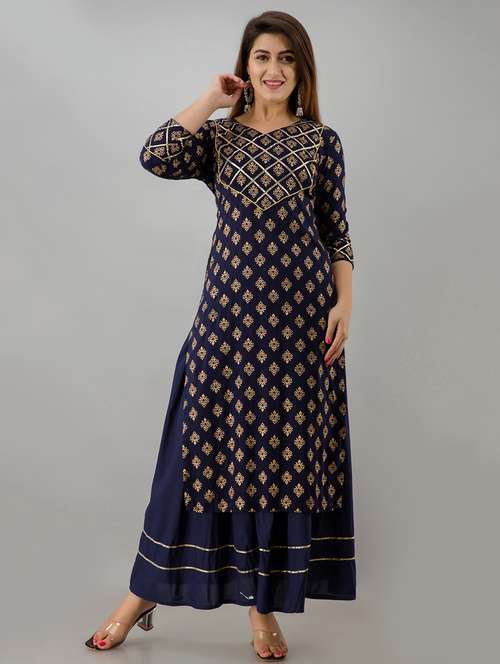 gold print kurta skirt set - 18011752 - Very Small Image - 1