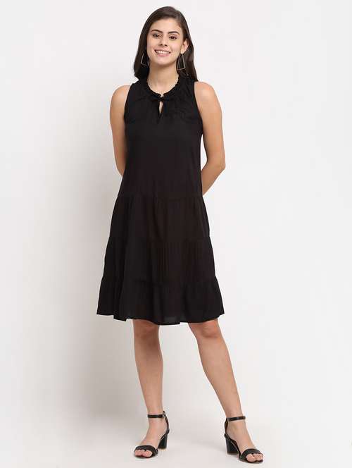 tie up neck solid a-line  dress - 18016752 - Very Small Image - 1