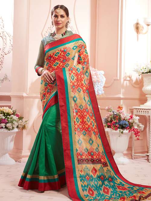 half & half printed saree with blouse - 18019247 - Very Small Image - 1