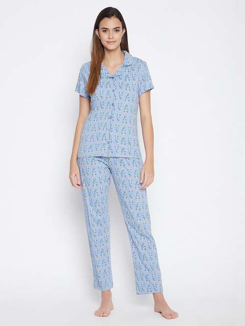shirt collar printed nightwear pajama set  - 18035850 - Very Small Image - 1