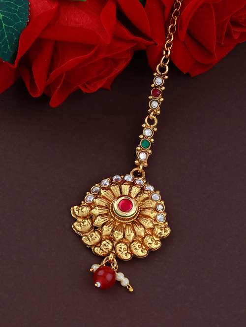 gold plated maang teekas & passa - 18042331 - Very Small Image - 1