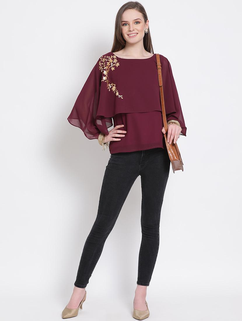 women maroon foil print boat neck layered top - 18204930 - Zoom Image - 4