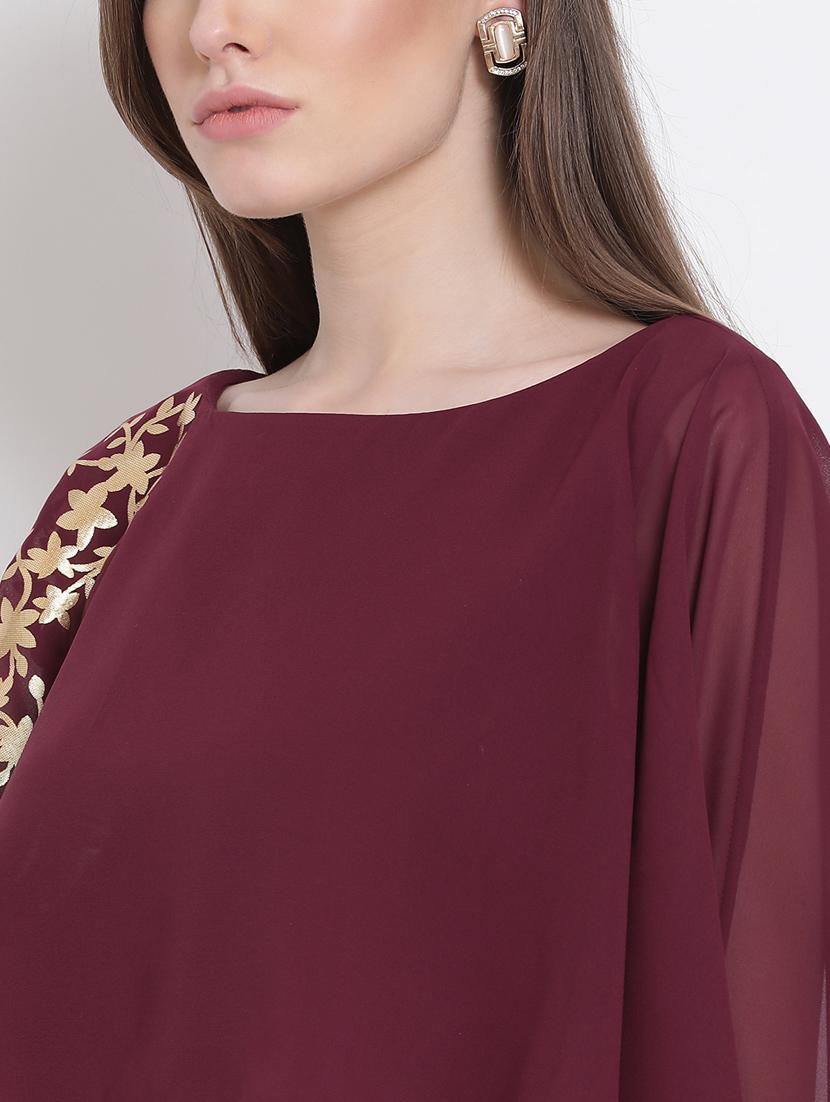 women maroon foil print boat neck layered top - 18204930 - Standard Image - 5
