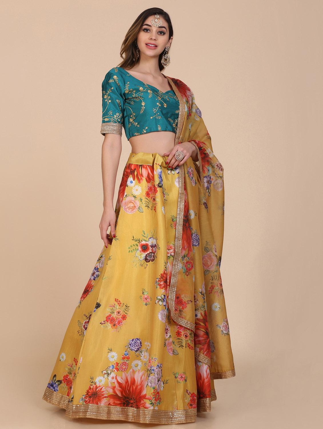 yellow silk flared lehenga - 18210843 - Standard Image - 3