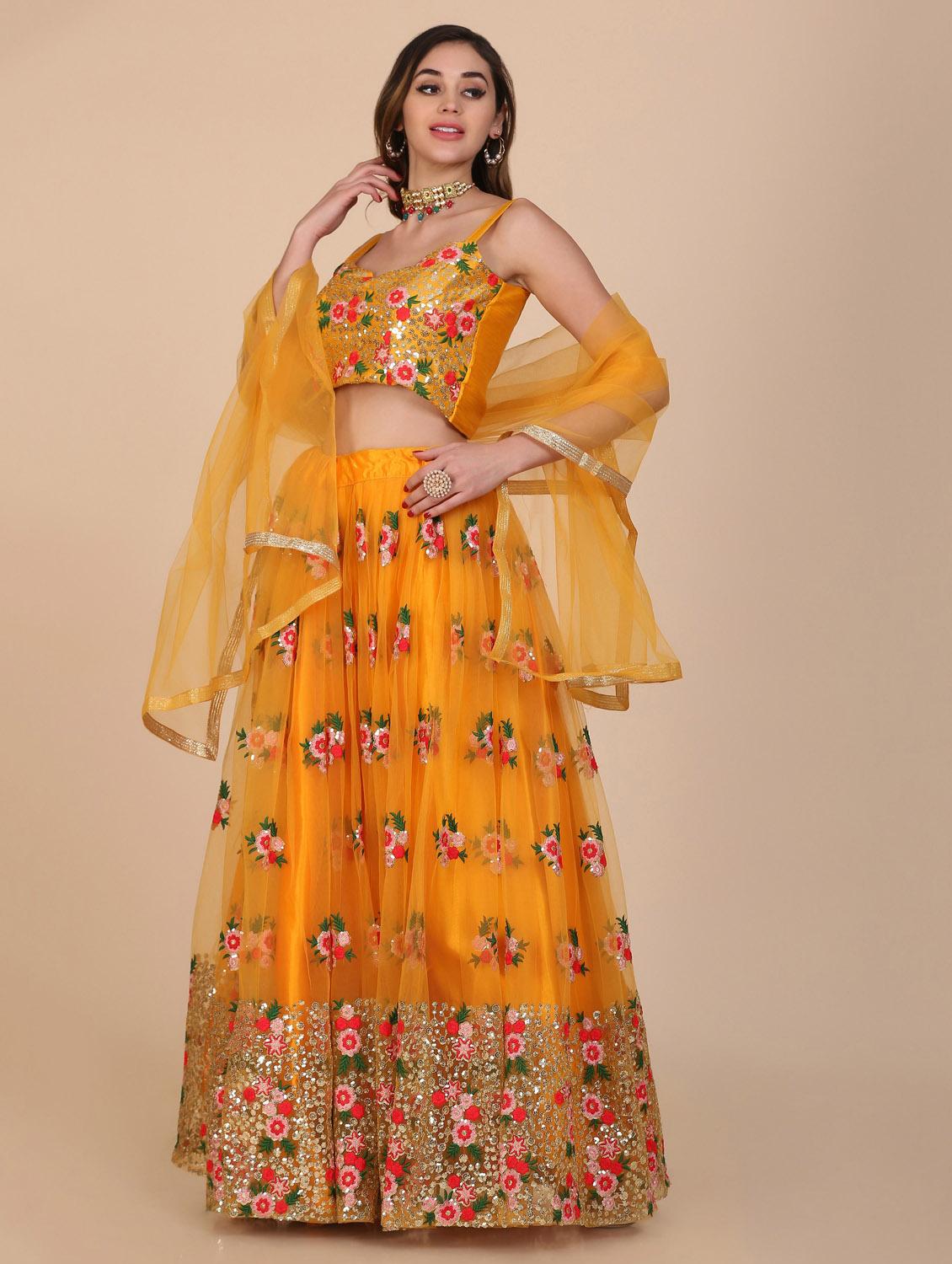 mustard net flared lehenga - 18210846 - Standard Image - 3