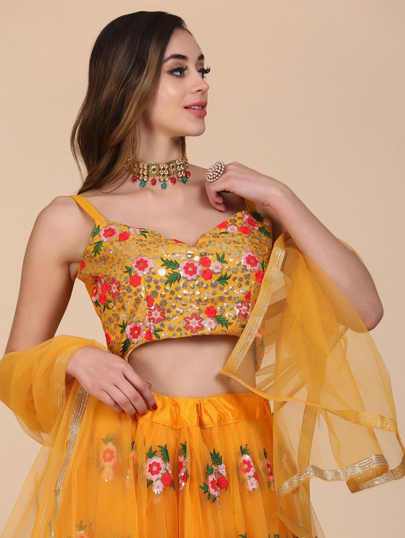 mustard net flared lehenga - 18210846 - Standard Image - 5