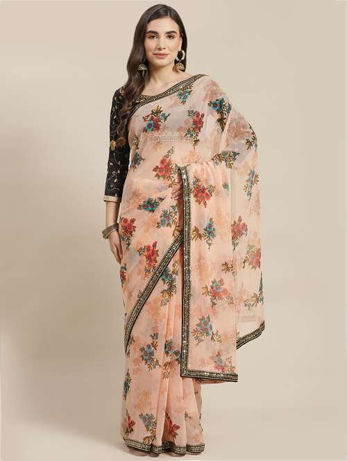 women's floral peach colored saree with blouse - 18212990 - Very Small Image - 1