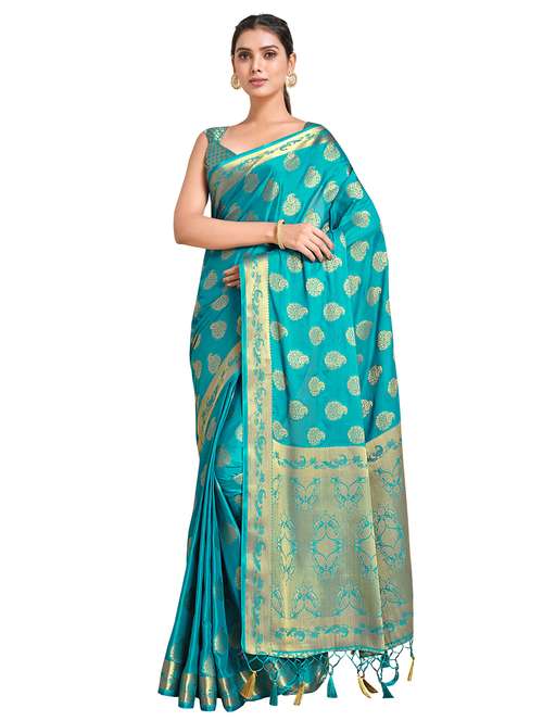 turquoise crepe mysore silk saree with blouse - 18214990 - Very Small Image - 1