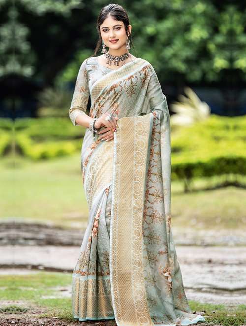 golden zari work printed saree with blouse - 18215886 - Very Small Image - 1