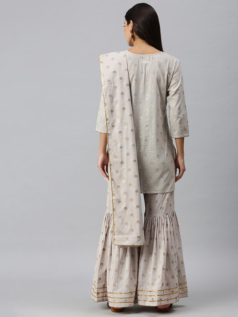 grey cotton blend kurta sharara set - 18260897 - Standard Image - 3