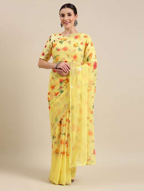 yellow floral printed saree with blouse - 18269524 - Very Small Image - 1
