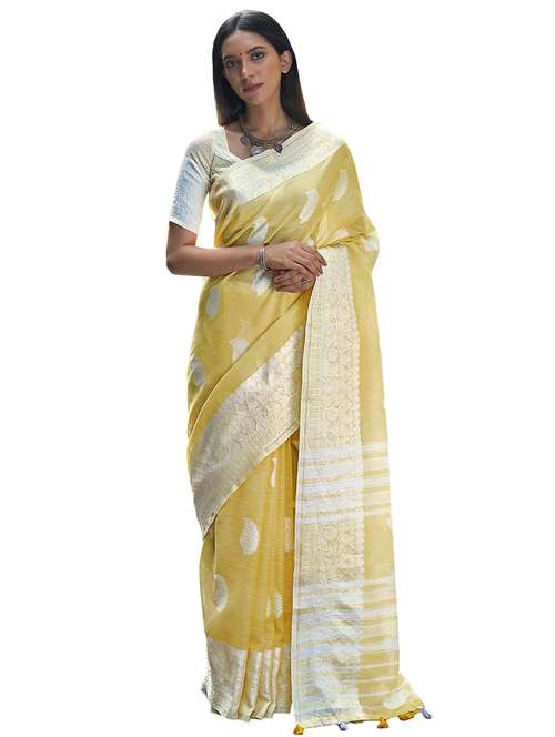 yellow linen saree with blouse - 18282953 - Very Small Image - 1