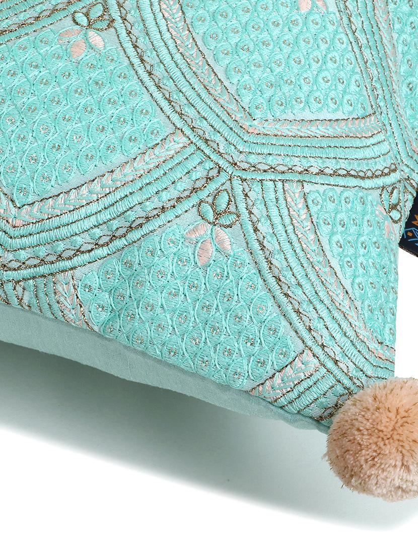 mezposh tribal sea green & coral ethnic motifs embroidered faux silk cushion cover (16"x16") - 18308577 - Zoom Image - 5