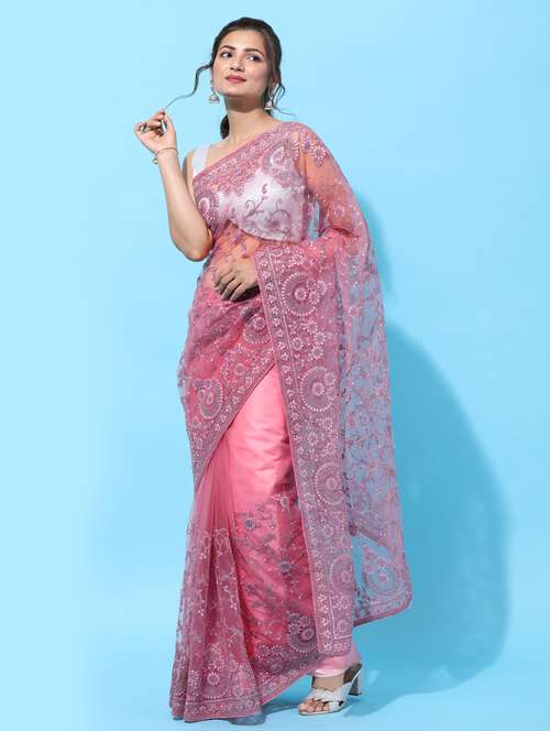 pink net embroidered saree with blouse - 18322936 - Very Small Image - 1