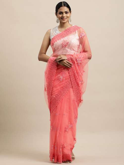 peach net embroidered saree with blouse - 18323148 - Very Small Image - 1