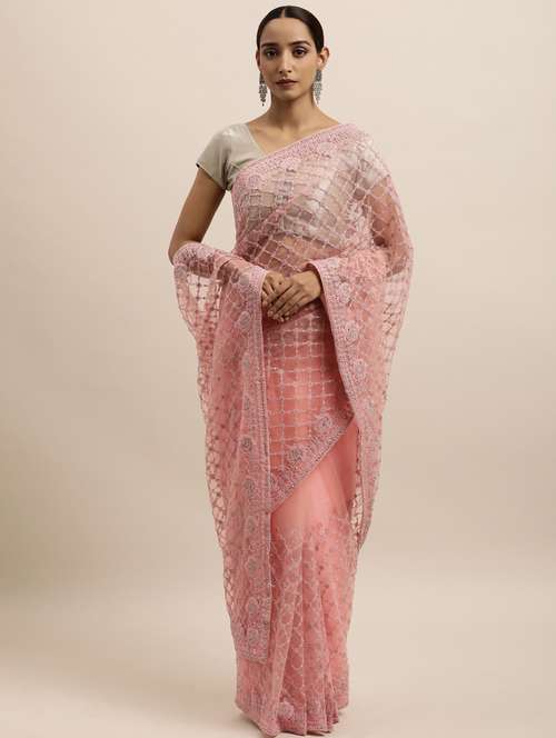 peach net embroidered saree with blouse - 18323210 - Very Small Image - 1