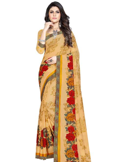 cream georgette printed saree with blouse - 18351408 - Very Small Image - 1