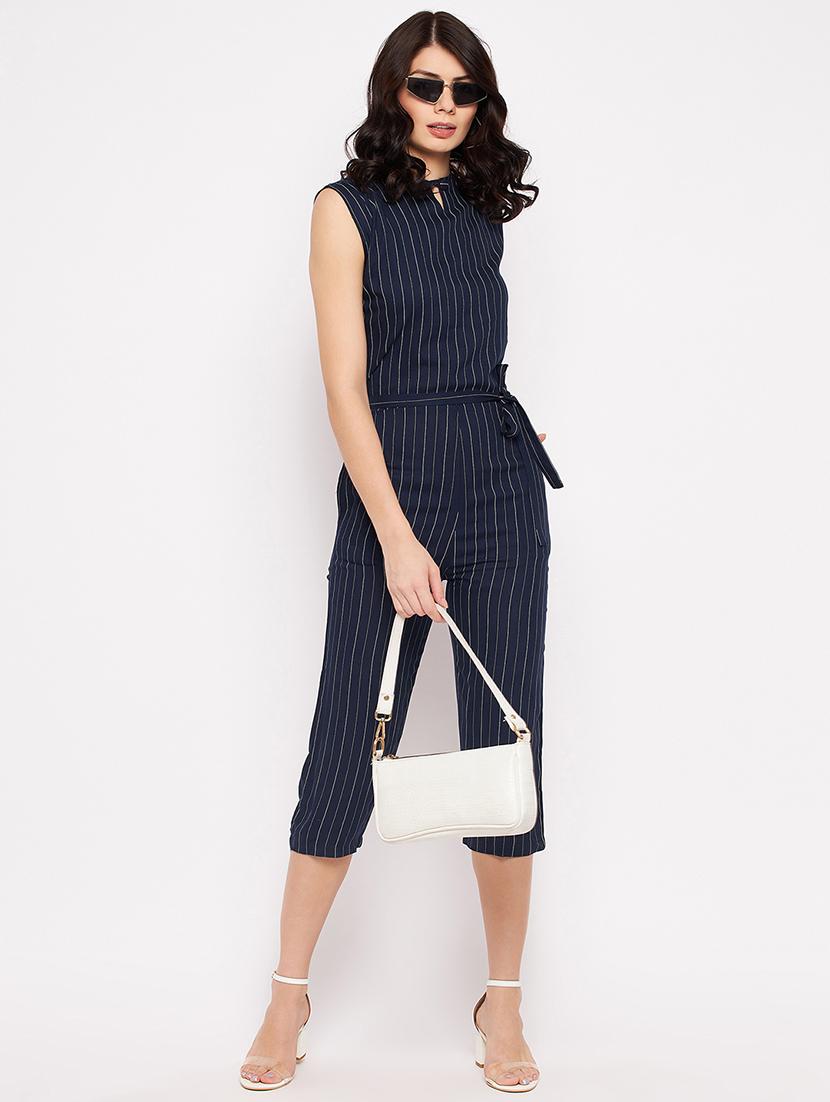 sleeveless striped knee length jumpsuit - 18356243 - Standard Image - 4