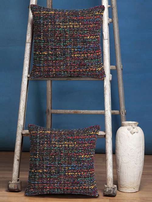 mezposh motley black & multi wool self design zari cushion cover (16"x16") (set of 2) - 18369342 - Very Small Image - 1