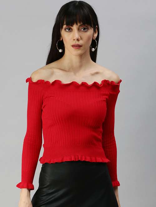 off shoulder solid crop top - 18392007 - Very Small Image - 1