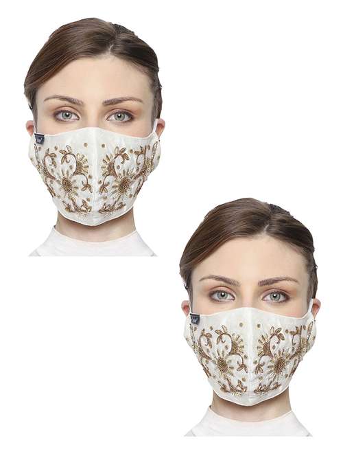 pack of 2 white & gold 3-ply art silk embellished fabric fashion mask - 18403031 - Very Small Image - 1