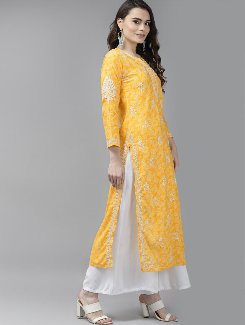 yellow cotton women chikankari straight kurta - 18439713 - Zoom Image - 2