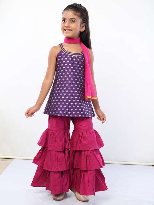 girls purple printed kurta sharara set with dupatta - 18445805 - Very Small Image - 1