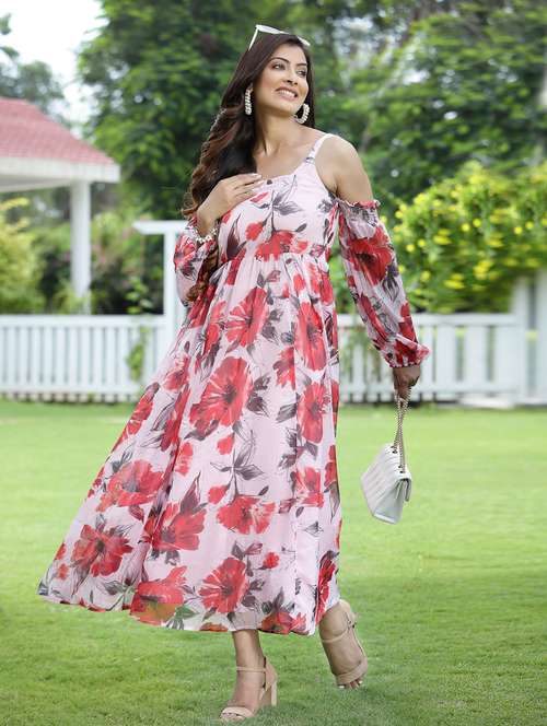 women floral print cold shoulder fit& flare dress - 18465710 - Very Small Image - 1