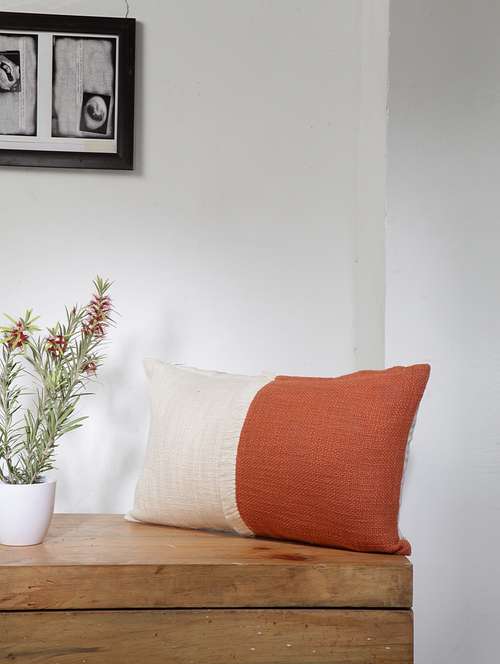 blanc9 rusty orange & ecru colourblock with fringes rectangle cotton cushion cover 12x20inches - 18473112 - Very Small Image - 1