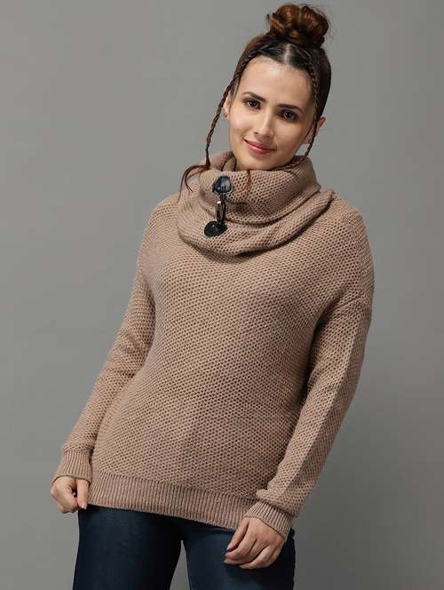cowl neck self design pullover - 18545202 - Very Small Image - 1