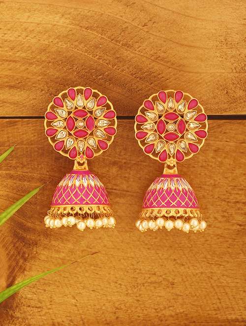 pink metal jhumka earring - 18567367 - Very Small Image - 1