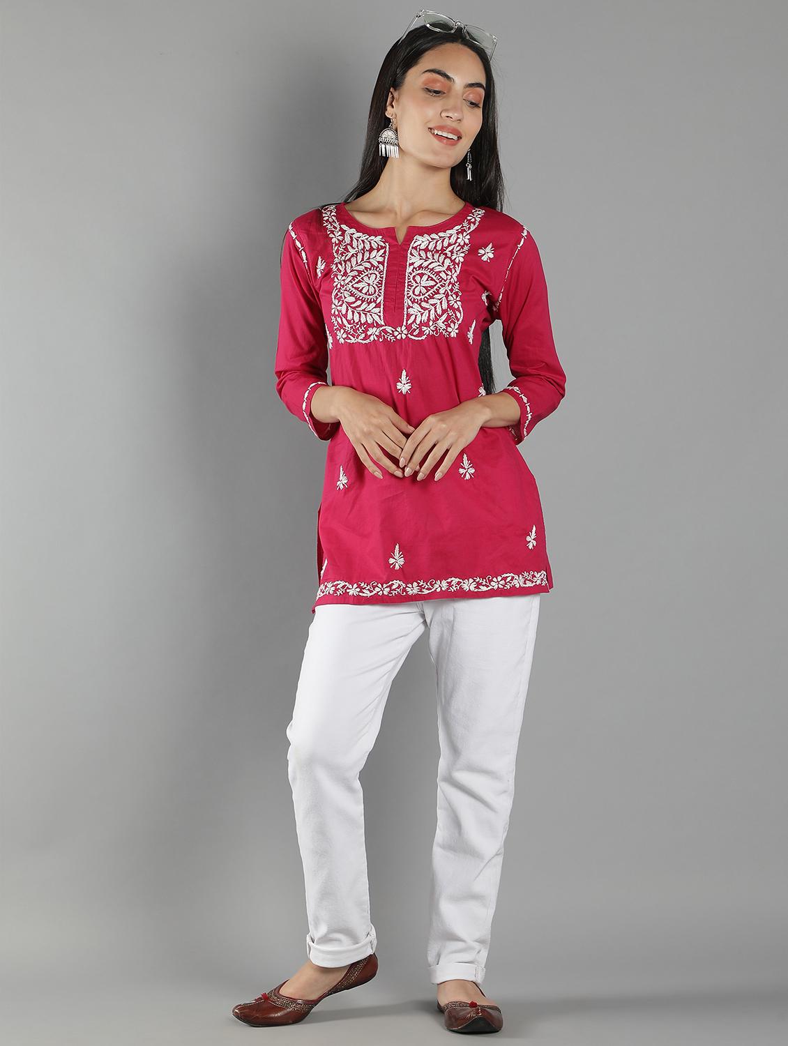 chikankari embroidered short kurti - 18573349 - Standard Image - 3