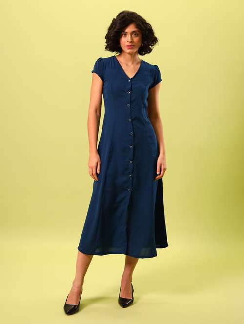 women blue solid v neck a-line dress - 18603774 - Very Small Image - 1